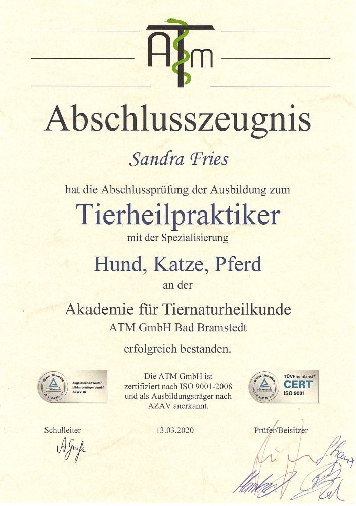 Abschlusszeugnis Tierheilpraktikerin für Hund, Katze und Pferd