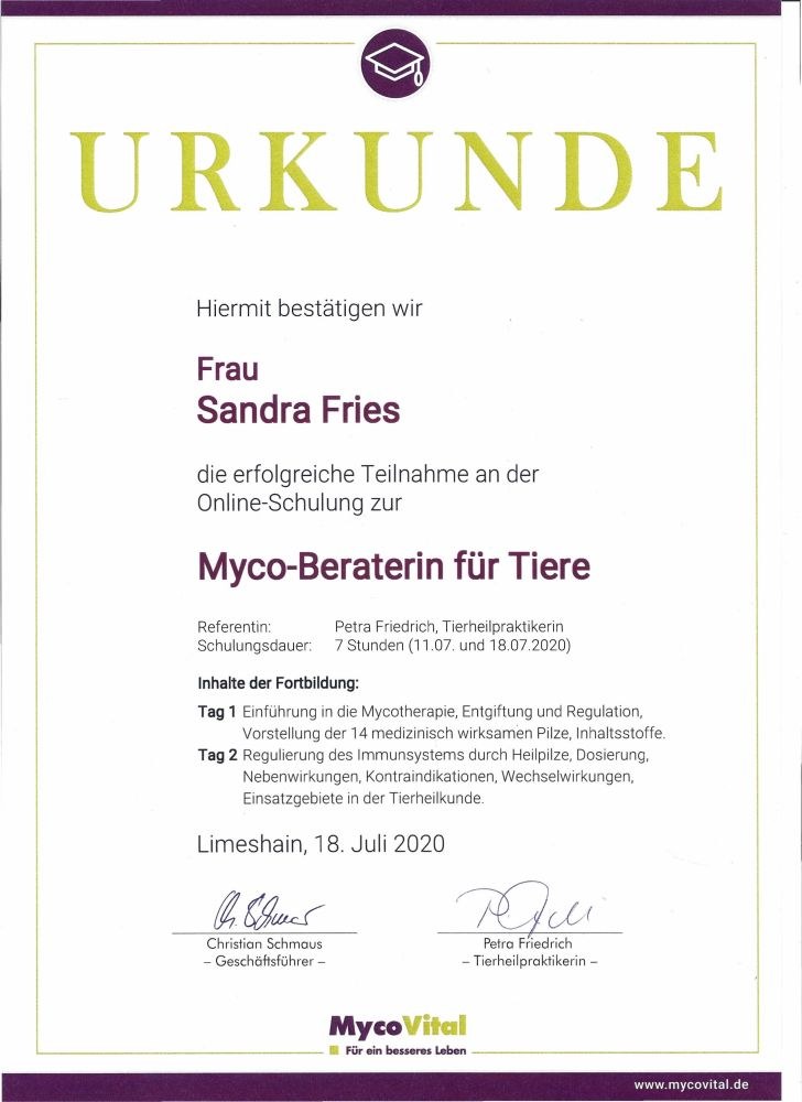 Urkunde Myko-Beraterin für Tiere